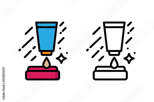 Flat and outline icon of an inverted cosmetic tube dispensing liquid foundation onto a makeup pad or sponge. Suitable for cosmetic product packaging, vector graphics