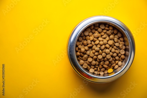 A full metal bowl of dry dog food sits on a vibrant yellow background with ample copy space