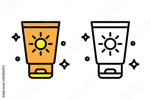 Flat and outline icon of a sunscreen tube featuring a sun symbol. This icon represents sunblock or SPF skincare products. Ideal for use in cosmetic product packaging, summer skincare campaigns vector 