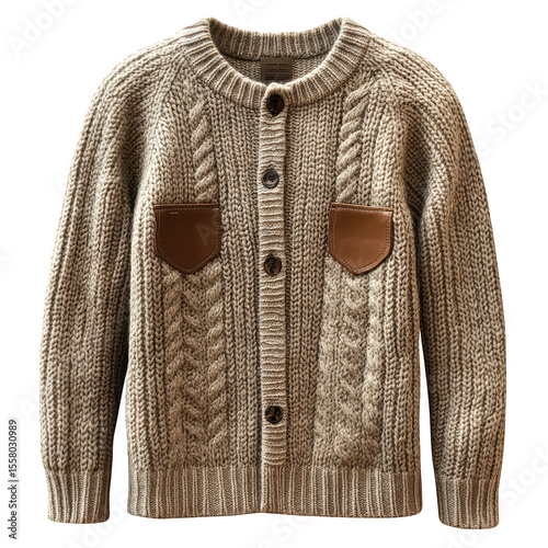 A detailed close up of a textured beige cable knit cardigan with brown leather pocket details and buttons isolated on transparent background