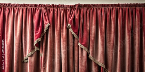 Frayed hem of a velvet curtain with torn fabric