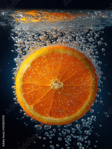 highly realistic close-up photo, one single round bright orange orange slice in clear water.