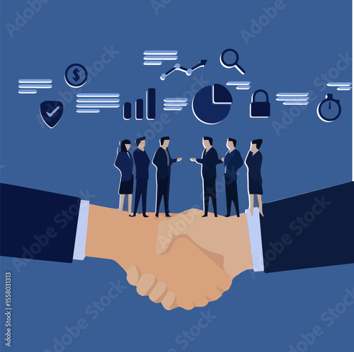 A conceptual illustration representing a business partnership or agreement. A giant handshake forms the base, with a team of businesspeople meeting on top. Floating above are various business icons, i