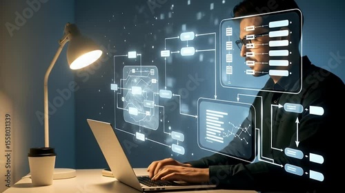 Man codes at a desk illuminated by a lamp with virtual interface diagrams overlaid
