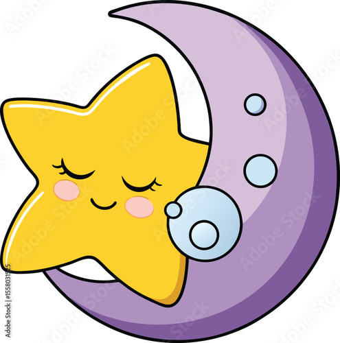 Sleepy kawaii moon hugging star, cartoon night illustration on white background