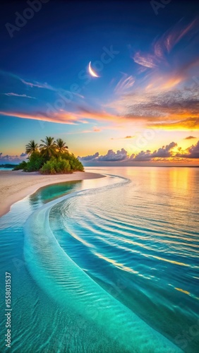 A serene beach at sunset with a crescent-shaped sandbar in the foreground