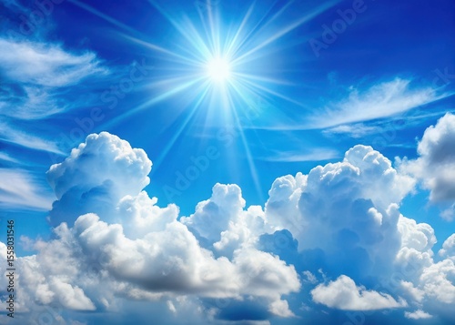 Wallpaper Mural White fluffy cumulus clouds floating in a bright blue summer sky with a few scattered sun rays peeking through the gaps Torontodigital.ca