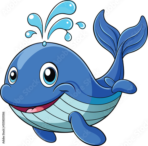 Smiling cartoon whale spouting water, kawaii sea animal vector illustration