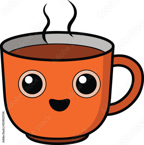 Smiling kawaii coffee mug with steam, cartoon drink vector, isolated on white background