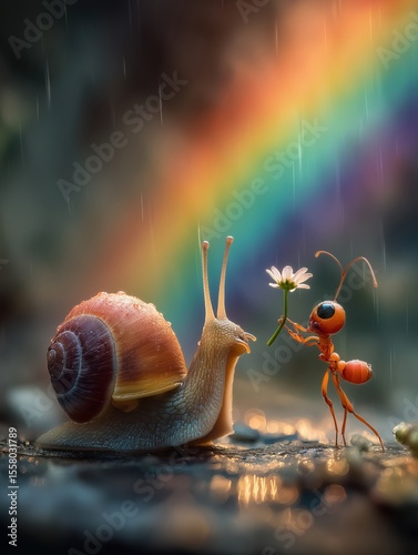 A wide-angle shot of a snail and an ant watching a rainbow after the rain, the ant giving a flower petal as a gift to the snail.