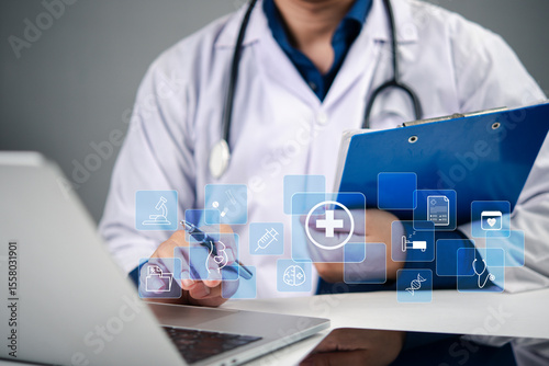 Healthcare provider operating digital health interface, secure, efficient, and modern approach to health information management. medical app, healthcare system, secure data, and doctor office.
