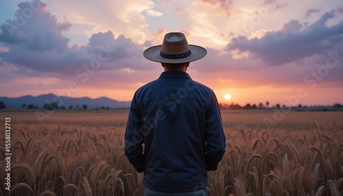 Man in Straw Hat Contemplating Golden Wheat Field at Sunset