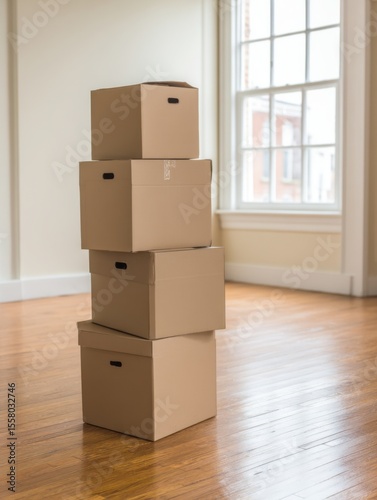 A stack of Moving Boxes inside an empty American house 