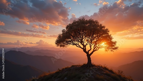 Majestic Sunset Silhouette of a Lone Tree on a Mountaintop