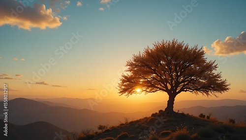 Majestic Sunset Silhouette of a Lone Tree on a Mountaintop