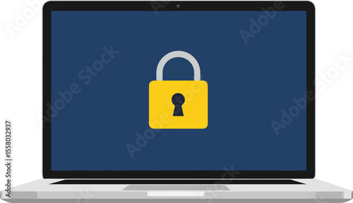  Minimal flat vector illustration of a modern laptop showing a yellow lock icon on a navy blue screen. Grey laptop chassis, clean white background.