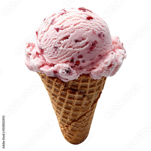 A delicious scoop of pink strawberry ice cream with visible fruit pieces in a crispy waffle cone isolated on transparent background