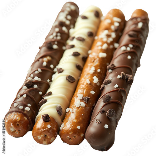 Assortment of chocolate covered pretzel rods with white chocolate and dark chocolate drizzled with sea salt and chocolate chips isolated on transparent background