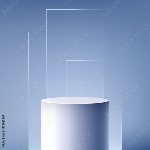 white cylindrical podium on reflective surface, modern product display mockup, cool toned minimalist showcase, pale blue background