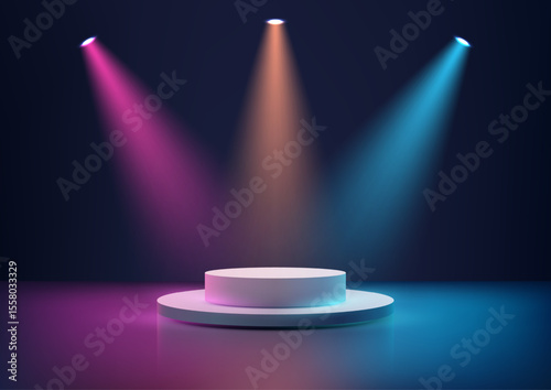 3D white circular podium on reflective surface with pink orange blue spotlight 3d mockup showcase entertainment presentation stage