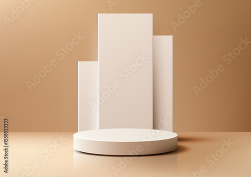 minimalist light beige cylindrical pedestal on reflective surface modern product display mockup showcase