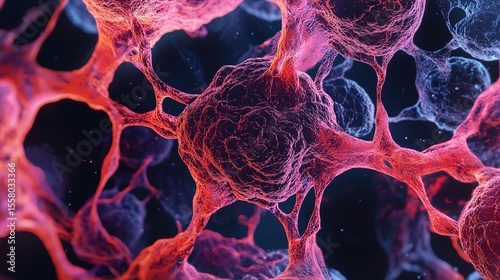Close-up digital illustration of neural cells interconnected by branching structures, highlighting a network of complex biological communication.
