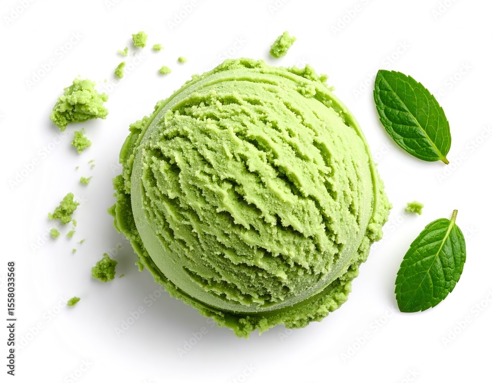 Fototapeta premium Green tea ice cream scoop, creamy and soft, placed on white background.