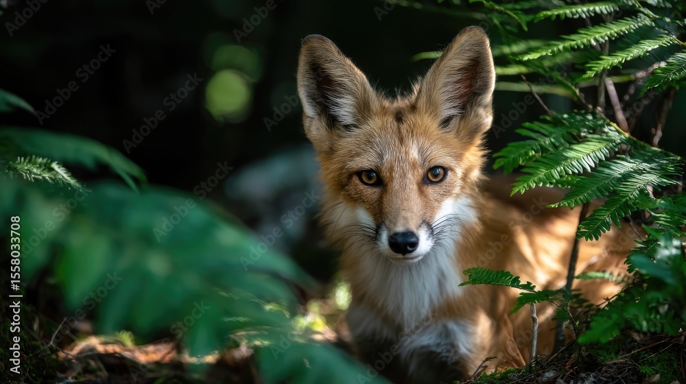 Fototapeta premium A fox peeking out from behind dense forest
