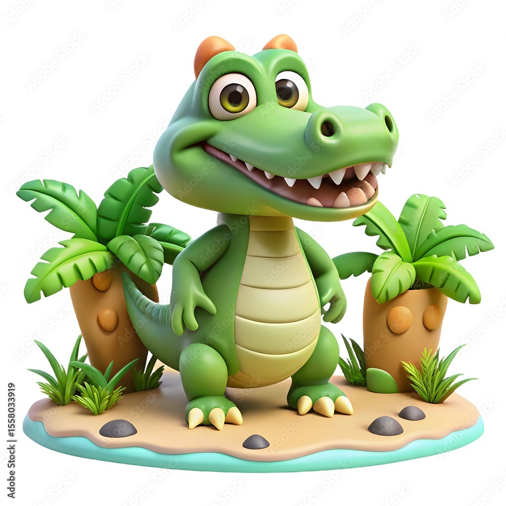 Fototapeta premium A cheerful cartoon alligator stands on a sandy island with palm trees and lush green grass
