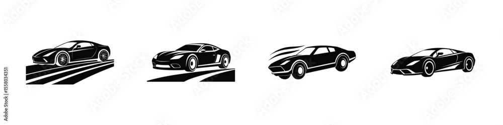 Fototapeta premium Silhouette Illustration Featuring Fast Sports Car Cruising Along Road Isolated on White Background