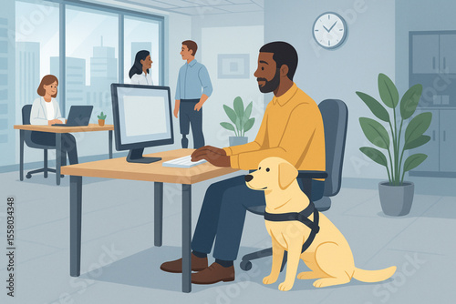 Inclusive Workplace with Man and Guide Dog Working at Computer Modern Office Illustration
