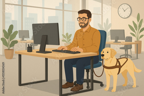 Inclusive Workplace with Man and Guide Dog Working at Computer Modern Office Illustration