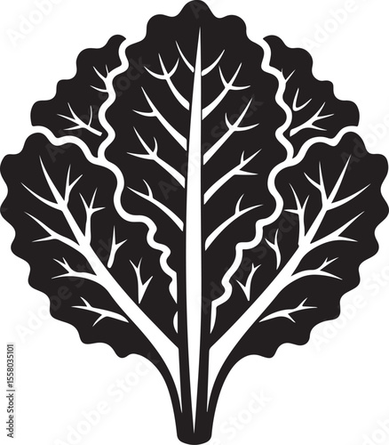 Black silhouette of a fresh lettuce leaf with visible veins isolated on white background