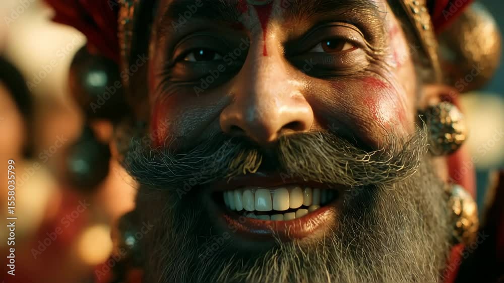Photorealistic portrayal of a joyful figure, embodying Narada, exuding mischief and charm. The vibrant colors and expressive features evoke a lively, festive mood, reminiscent of Hindu mythology. Photorealistic portrayal of a joyful figure, embodying Narada, exuding mischief and charm. The vibrant colors and expressive features evoke a lively, festive mood, reminiscent of Hindu mythology.
