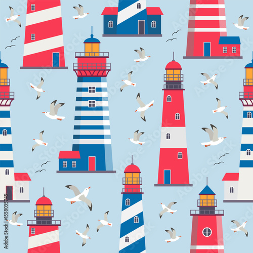 Seamless nautical pattern with different lighthouses and flying cute cartoon seagulls on water background. Marine print for fabric.