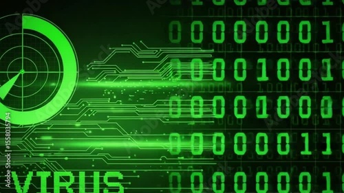 Computer Virus Alert on Green Cyber Security Interface with Binary Code