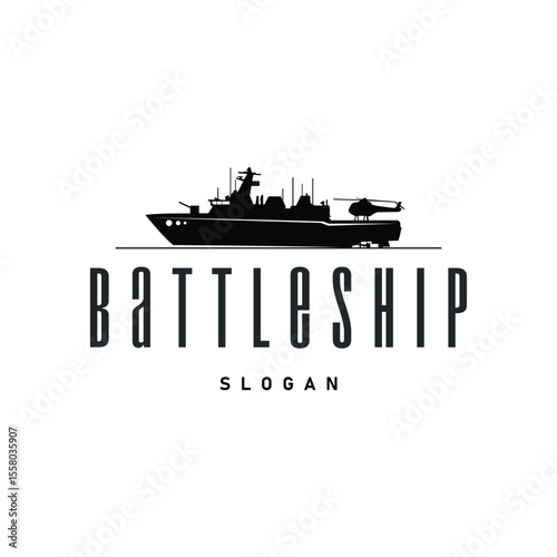 Military warship logo design, war ocean transport with ship icon with heavy weapons with black silhouette as brand template symbol and illustration