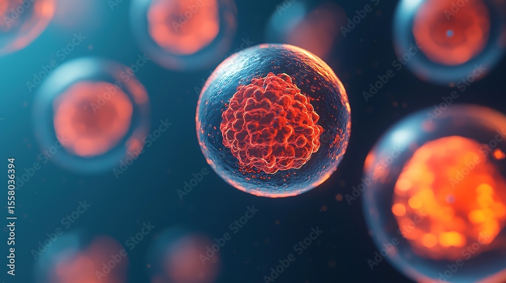 Naklejka premium Close-up digital illustration of cells with detailed internal structures glowing in vibrant orange and blue hues.