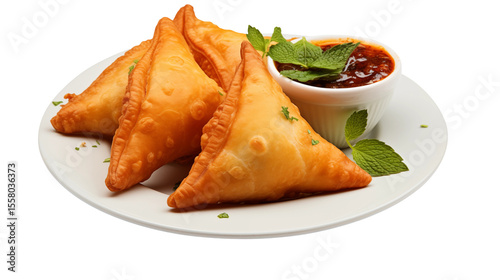 Delicious samosas served on a white plate, garnished with fresh mint and a spicy dipping sauce against transparent background.