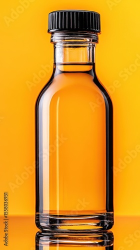 Amber Liquid in Small Glass Bottle Against Yellow Background
