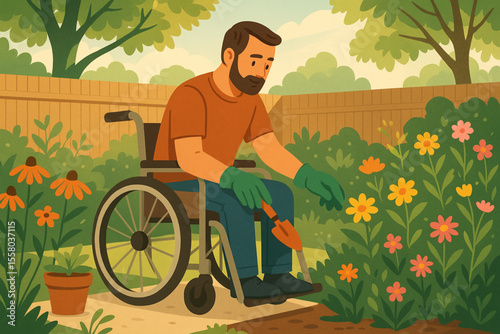 Man in Wheelchair Gardening Among Flowers in Backyard Peaceful Morning Light Illustration