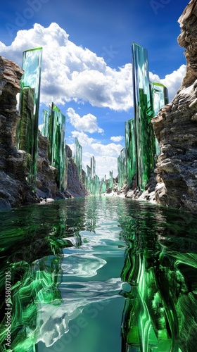 Emerald Glass Structures Reflecting in a Surreal Waterway
