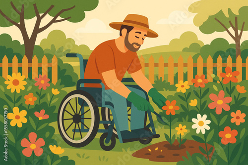Man in Wheelchair Gardening Among Flowers in Backyard Peaceful Morning Light Illustration