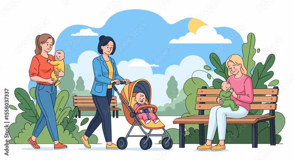 Naklejka premium Adobe illustrator artwork vector illustration of group of mothers in park, chatting and bonding in a vibrant outdoor setting—ideal for parenting, community, lifestyle, and friendship themes