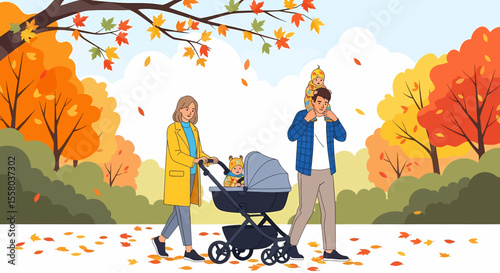 Adobe illustrator artwork vector illustration of family with stroller and child in autumn park, featuring vibrant fall leaves, warm colors, and peaceful outdoor bonding—perfect for seasonal lifestyle 