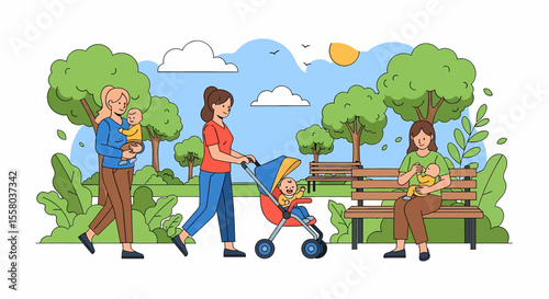 Adobe illustrator artwork vector illustration of group of mothers in park, chatting and bonding in a vibrant outdoor setting—ideal for parenting, community, lifestyle, and friendship themes