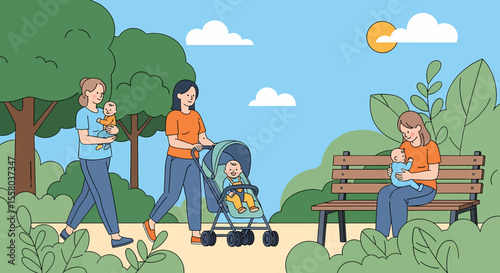 Adobe illustrator artwork vector illustration of group of mothers in park, chatting and bonding in a vibrant outdoor setting—ideal for parenting, community, lifestyle, and friendship themes