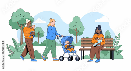 Adobe illustrator artwork vector illustration of group of mothers in park, chatting and bonding in a vibrant outdoor setting—ideal for parenting, community, lifestyle, and friendship themes