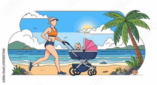 Adobe illustrator artwork vector illustration of mother running with stroller on summer beach, showcasing active parenting, ocean waves, palm trees, and sunny skies-ideal for fitness