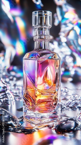 Iridescent Decanter on Reflective Surface with Rainbow Lighting